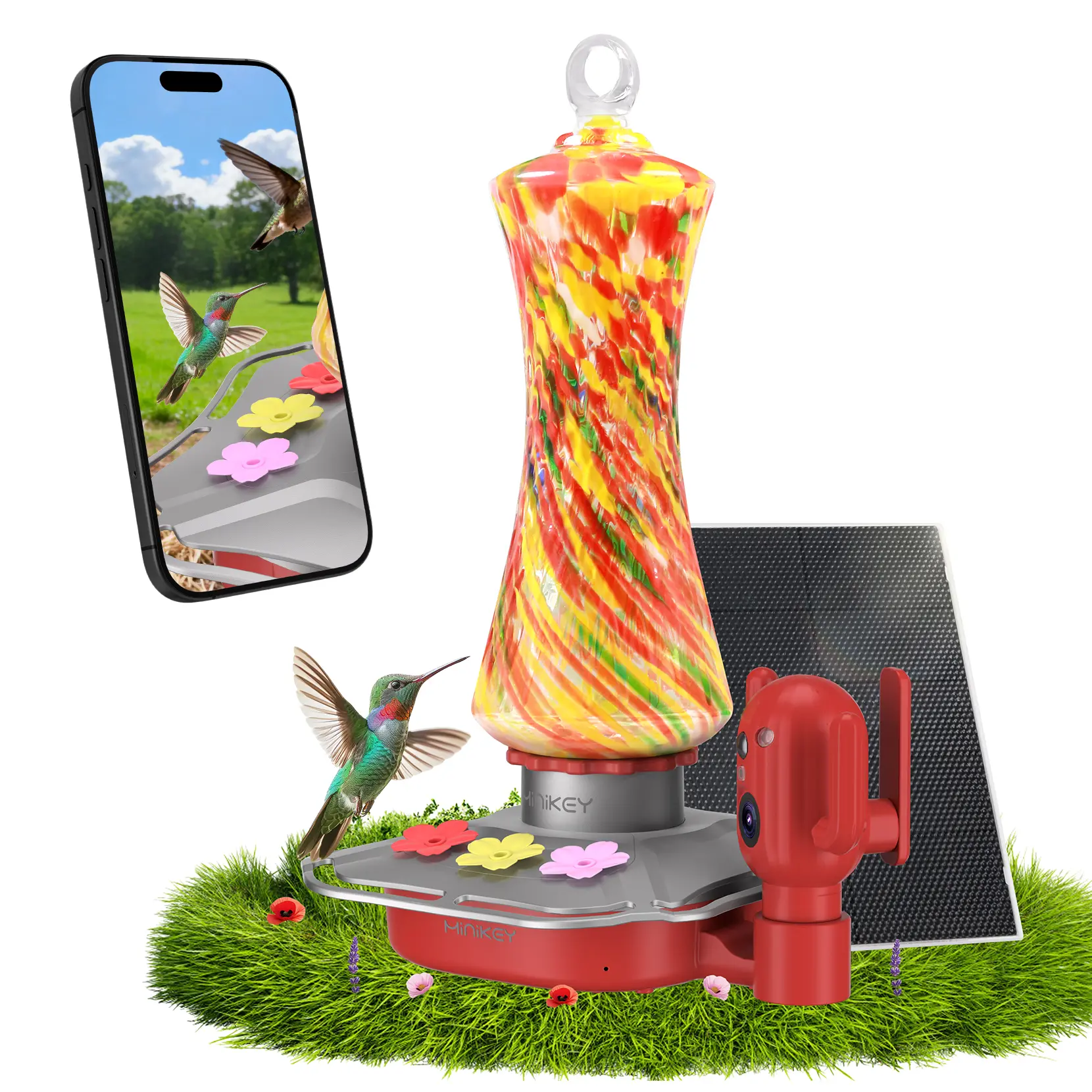 26oz Hand Blown Glass Smart Hummingbird Feeder with HD Camera - Solar Powered, AI Identifies 300+ Species, 4MP Live Video, Bird Arrival Alerts, Smart Water Detection, Leakproof, Ant Moat - Father’s Day Gift for Parents