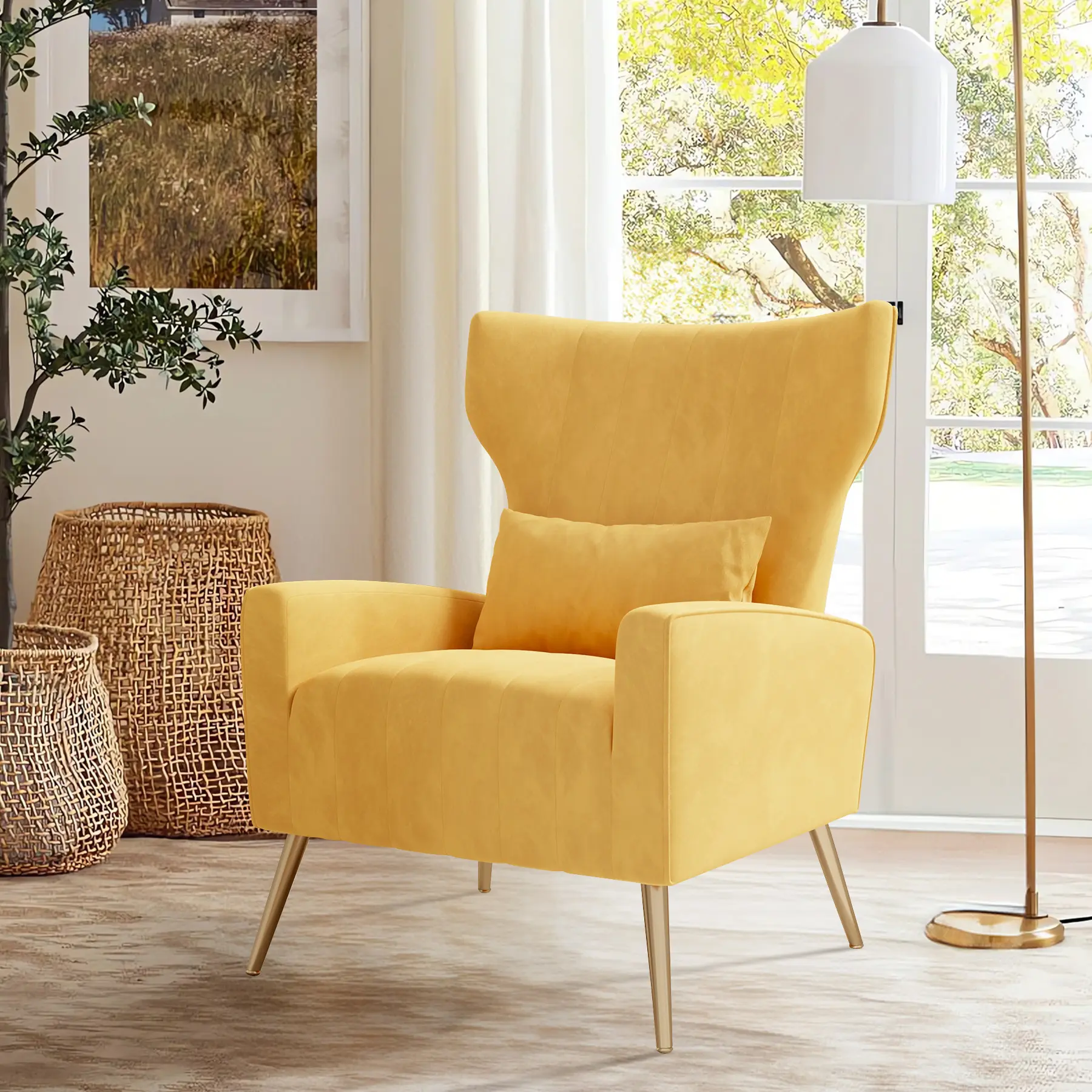Mid-Century Modern High-Back Velvet Upholstered Accent Chair - Furniture, Velvet Fabric, Spring Support, Metal Legs, Modern Aesthetics, Living Room Furniture, Bedroom Reading Chair, Supportive Seating, Orange
