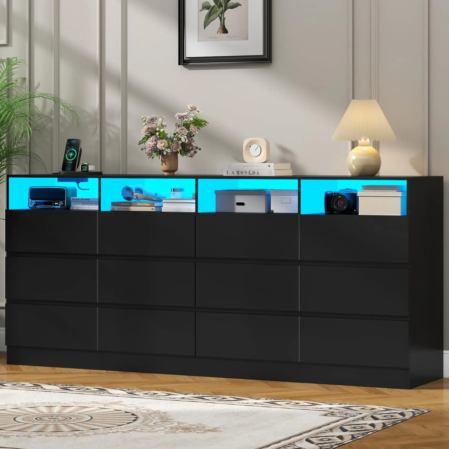 Loomie 12 Drawer Black Dresser with Charging Station & Led Lights,Modern Wide Dresser, Large Dressers Organizer with 4 Open Cubbies Cabinet Furniture