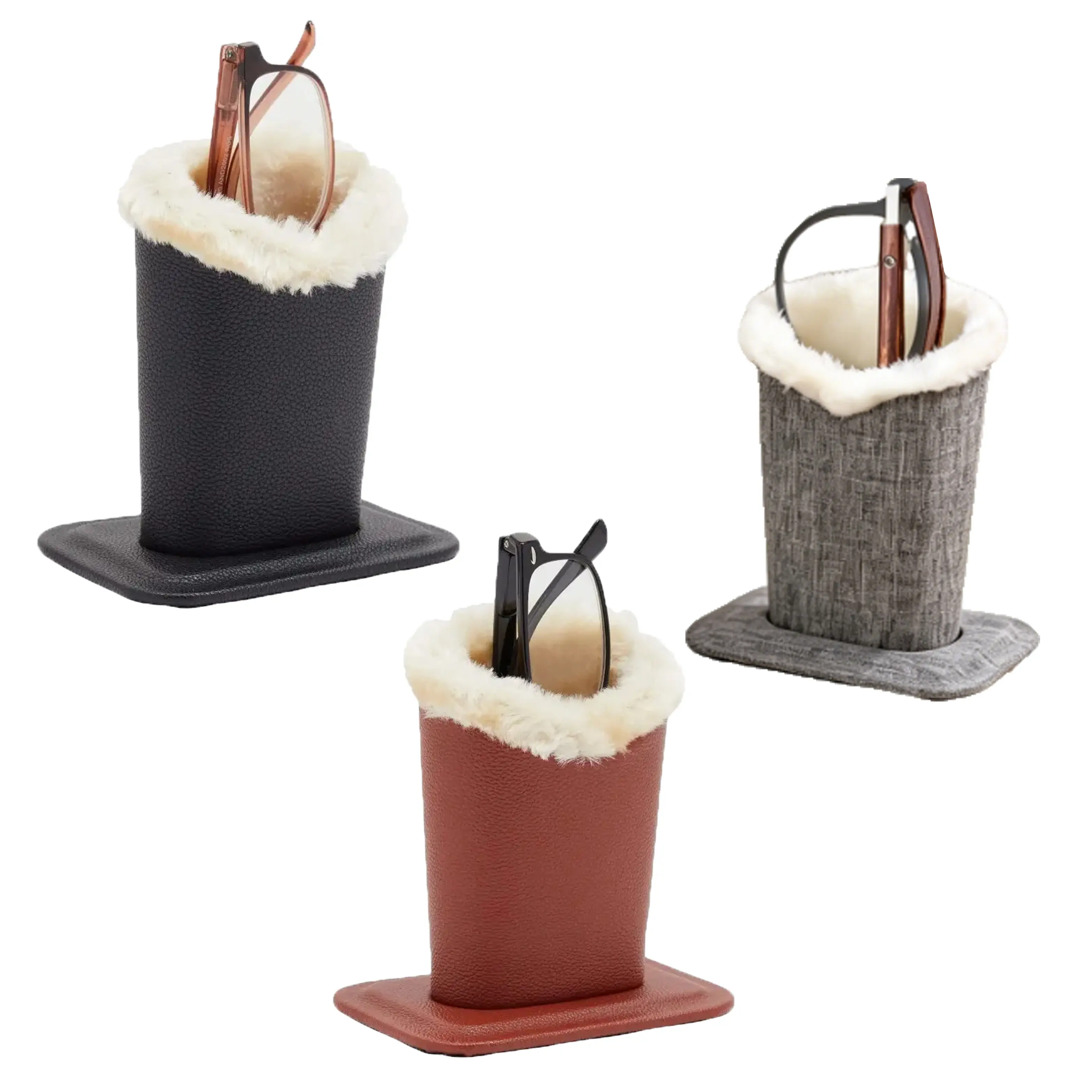 Eyeglasses Holder with Soft Furry Lining and Fixed Base, Durable Glasses Stand Case Vegan Leather Exterior, Portable Sunglasses Organizer
