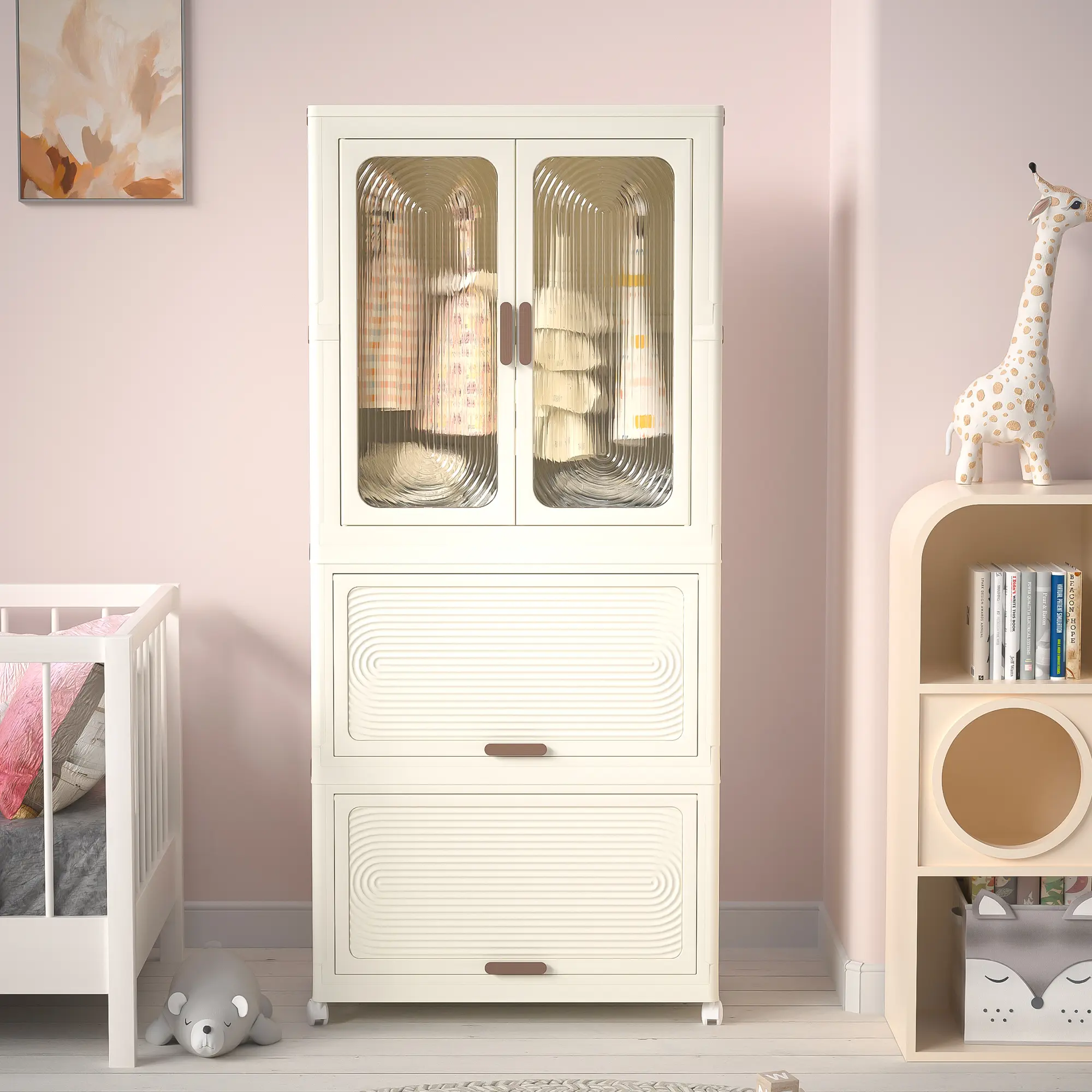 Durable Foldable White Plastic Portable Wardrobe with Magnet Doors - Quick Setup Clothes Storage Organizer, 4 Cubes, Hanging Rod, 10 Hangers, 145 lbs Capacity, 50 lbs Capacity per Compartment, Dresser Cabinet for Children's Room Baby Clothes