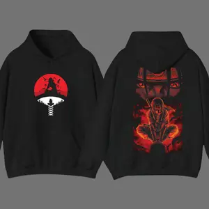 Vintage Limited Itachi Sharingan Uchiha Naruto Anime Double-Sided Printed Retro Oversized Graphic Hoodie, Casual Y2K Oversize Anime Manga Acid Graphic Hoodie, Unisex Cotton Streetwear Otaku Top Fit, Gift For Fan Anime Lover