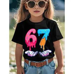 Girls' Funny Six Seven Ice Cream Drip 67 Meme Graphic T-Shirt - GenAlpha Slang Streetwear Style With Number 67 Dripping Ice Cream Design, Round Neck Casual Summer Top For Outfits, Birthday Party & Casual Attire - Comfortable Knit Fabric For G