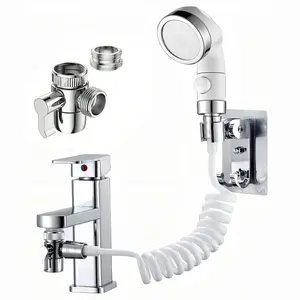 Bathroom Kitchen Sink Spray with On/off Button, Flexible Hose, Universal Faucet Adapter for Pet Cleaning, Vegetable & Bathroom Cleaning