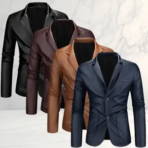 Men's Plus Size Black Leather Double Breasted Blazer, Business Casual Style, Slim Fit Cut with Leather Texture Double Breasted Design, Black for Professional Men's Daily Commute or Light Business Occasions slim fit pu leather jacket outfit Formal Attire
