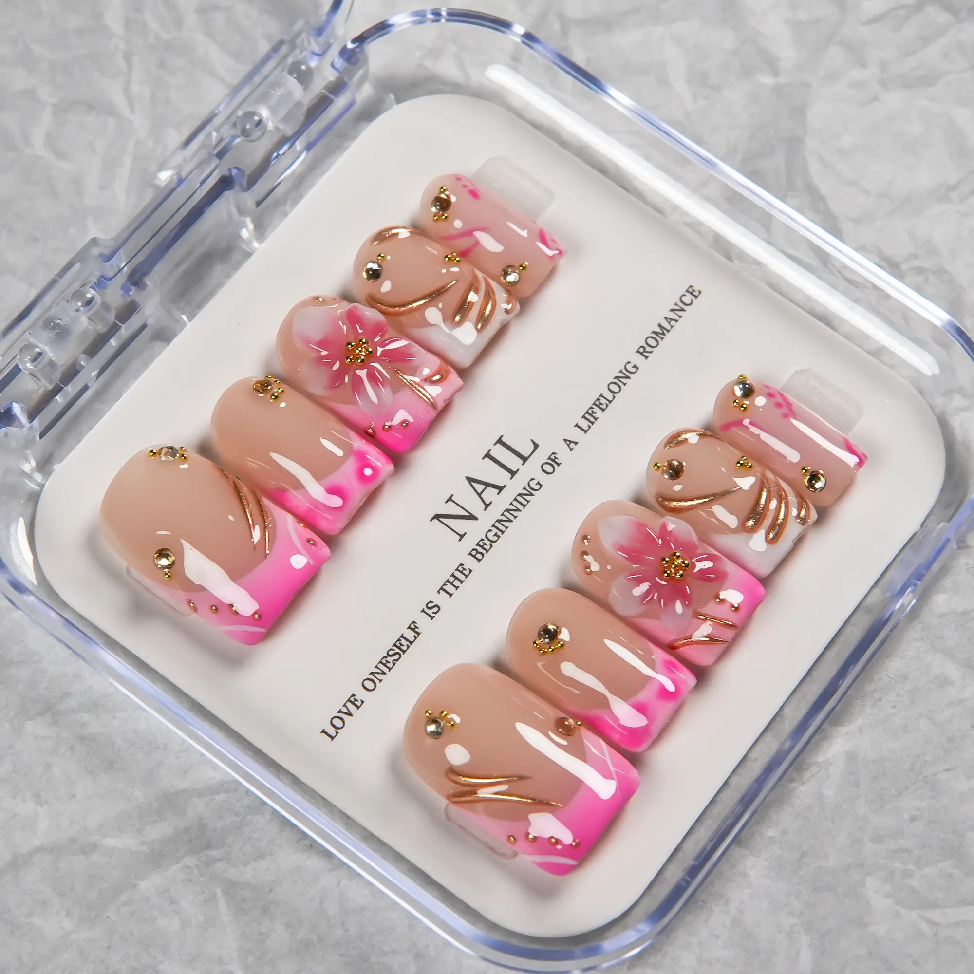Purely Handmade Short Square Press-On Nails, Bare Skin Base with Jade Oil Tint, French-Style Gradient Peach-Rose Blush, Hand-Painted 3D Cherry Gradients, Accented with Rose Gold Flowing Lines, Mini Gold Beads & Clear Small Rhinestones