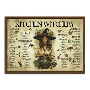 Wooden Kitchen Witchery Wall Art, 1 Count Kitchen Witchery Health Allspice Cinnamon Angelica Coriander Poppy Seed Chamomile Wall Decor, Wall Art for Home Farmhouse Kitchen, Poster, Halloween, Unique Artwork