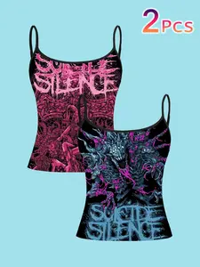 Women's Casual Slim-Fit Strap Top, All-Over Print Design, Summer Outerwear & Inner Layering, Dark Death Metal Style, 2-Piece Set, Bohemian Sleeveless Top