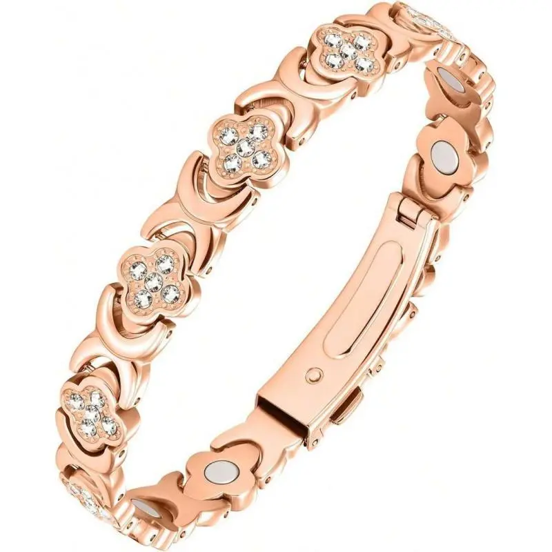 Feraco Women's Pure Copper Adjustable Bangle - 3800 Gauss Ultra Strength Magnetic Therapy Bracelet for Pain Relief, Sparkling Cubic Zirconia, Clover Motif, Casual Daily Wear Jewelry
