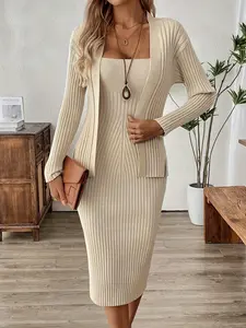Elegant Light Striped Knit Set, Open Front Cardigan with Slim Fit Tank Dress, Gentle Fashion Look, Women's Casual, Knitwear