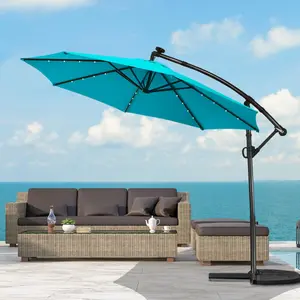 COSTWAY 10 FT 360° Rotating Solar Powered Patio Umbrella, Offset Cantilever Outdoor Umbrella with 360 Degree Rotation, Easy Tilt Adjustment, Crank Handle & Cross Base for Pool Deck Garden Backyard-COSTST