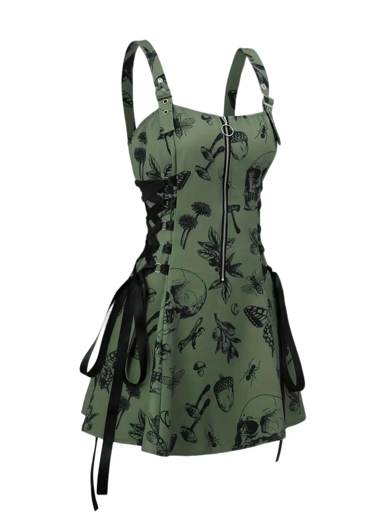 Women's Plants & Skull Print Cami Bohemian Sleeveless Dress, Retro Fashion Casual Chic Adjustable Spaghetti Strap Mini Dress for Party Holiday, Dresse