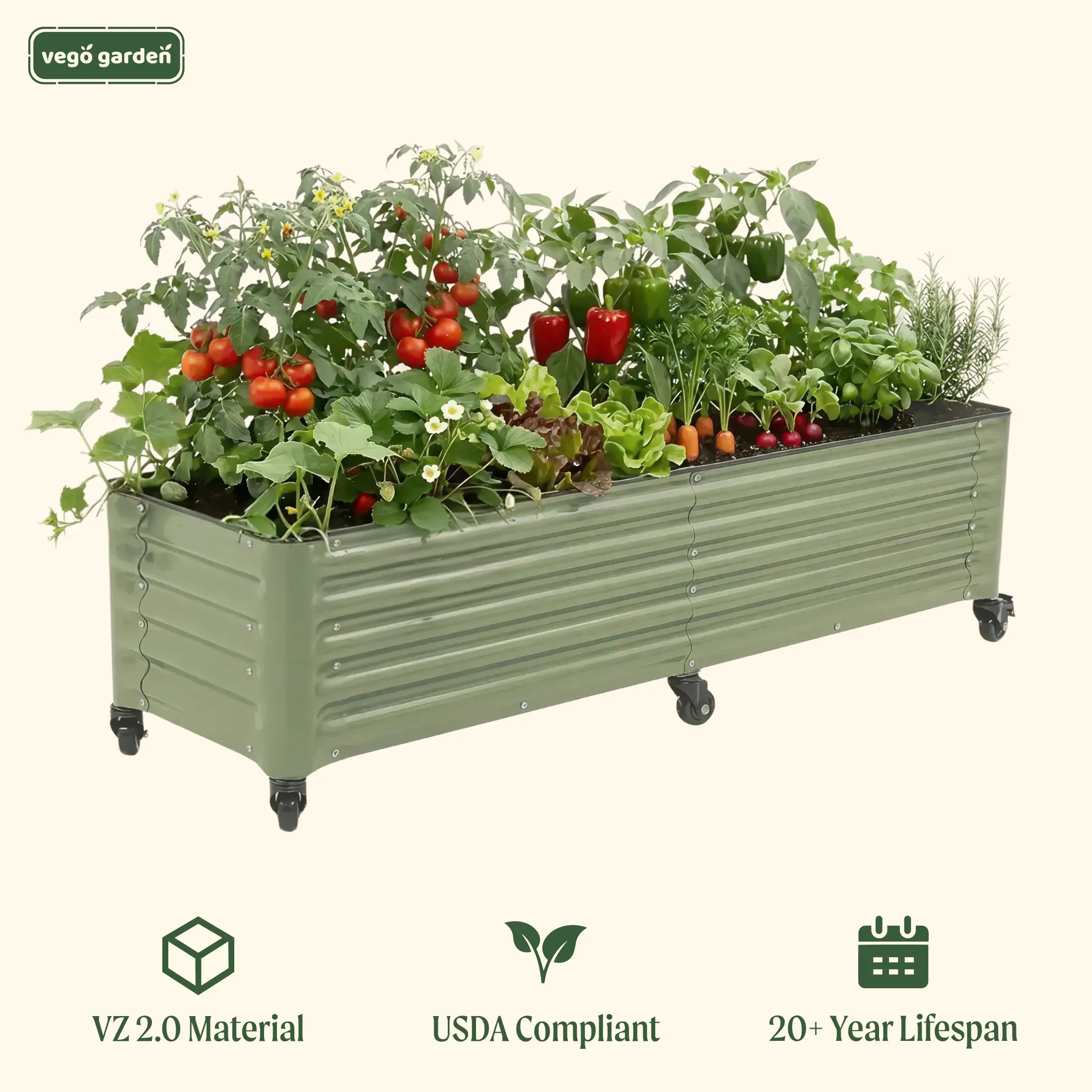 Vego garden Classic Rolling Garden Bed – 1.75' Mobile Metal Raised Garden Bed for Patio, Deck, Balcony – Deep Planting Space, Durable & Easy to Move Outdoor Planters Vegetable Planters