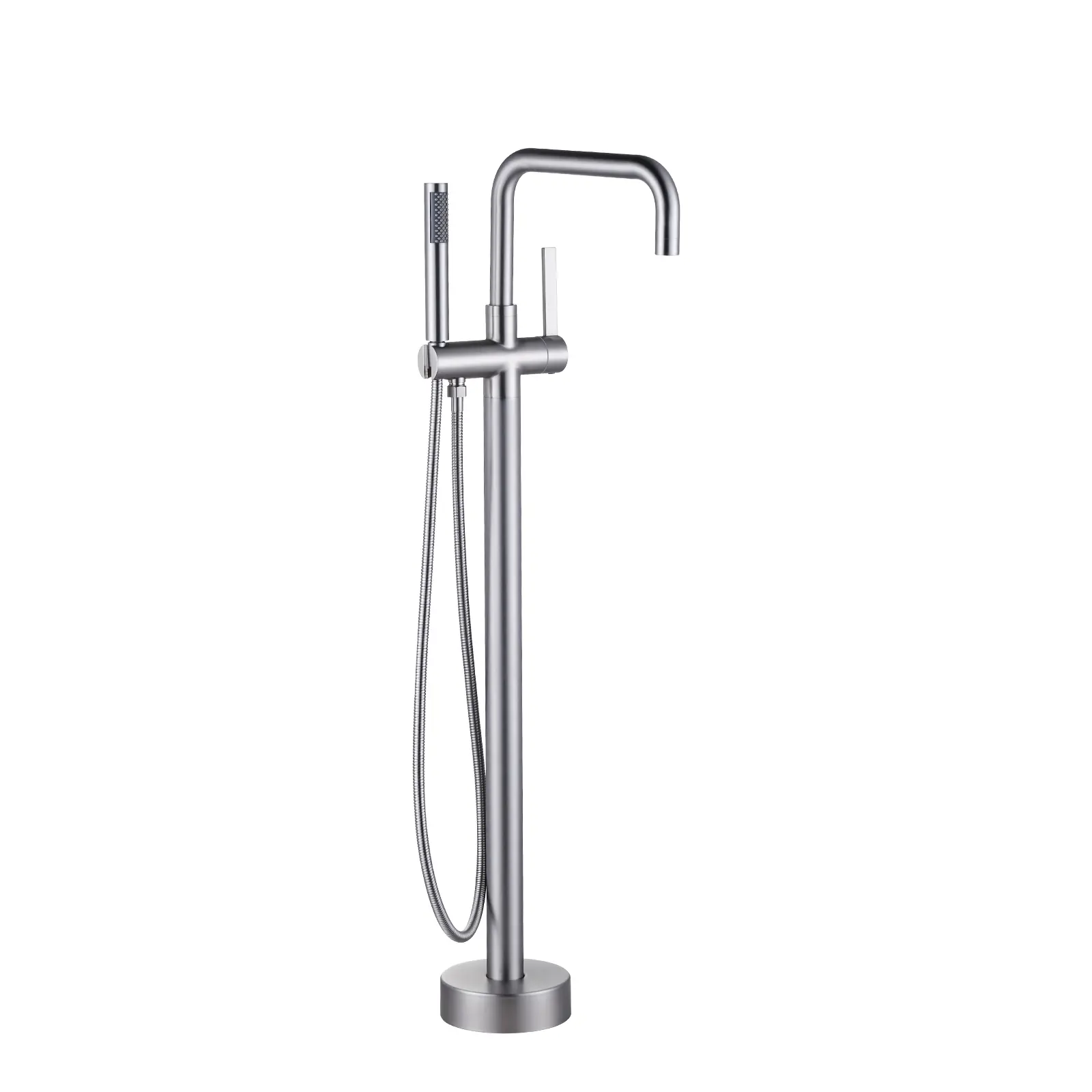 WOWOW Modern Brushed Nickel Single-Handle Waterfall Bathroom Faucet - Floor-Mount Freestanding Tub Filler with Handheld Rain Shower, Smooth Flow, Easy Installation, Ergonomically Designed for Comfortable Use