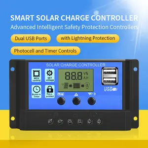 2pcs 30A Solar Charge Controller 12V/ 24V Solar Panel Charge Controller Intelligent Regulator with 5V Dual USB Port Display Adjustable Parameter LCD Display and Timer Setting ON/Off Hours