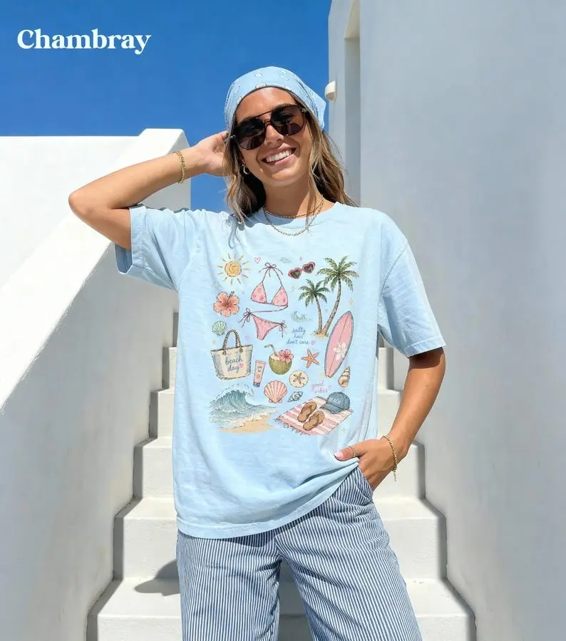 Beach Summer Vacation Shirt, Seashell Bikini Tees, Comfort Colors Summer Shirt, Beach Vacation Shirt, Tropical shirt, Womens Graphic Tshirts