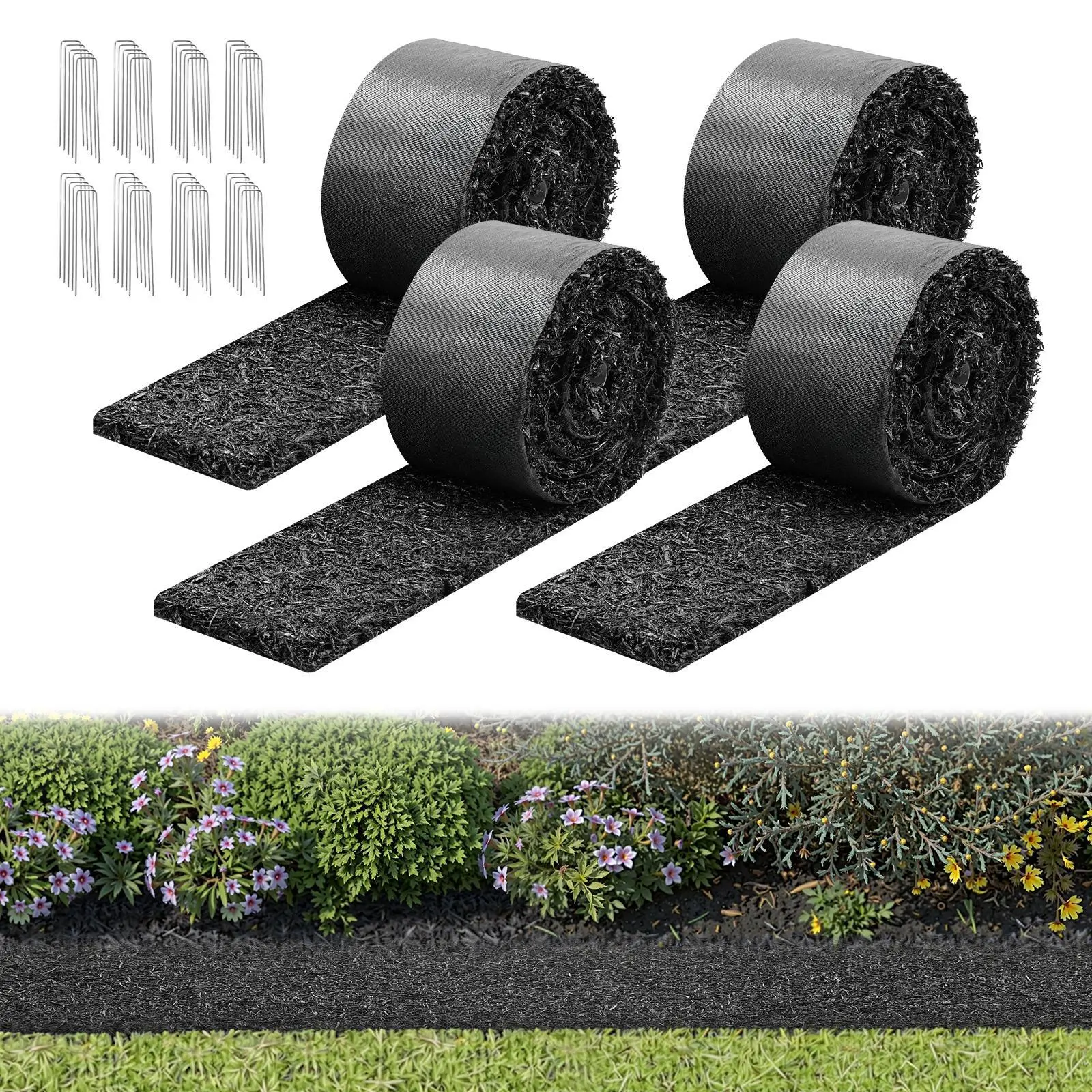 【SummerFinds】VEVOR 4-Pack 100% Recycled Rubber Fiber Mulch Mat Sheet Roll, 120x4.5in (3050x115mm) 0.5in Thick, Weed-Blocking Double Barrier Flower Edging Border with Stakes, Breathable Cuttable Easy-to-Install Garden Supplies DIY Accessory, Outdoor