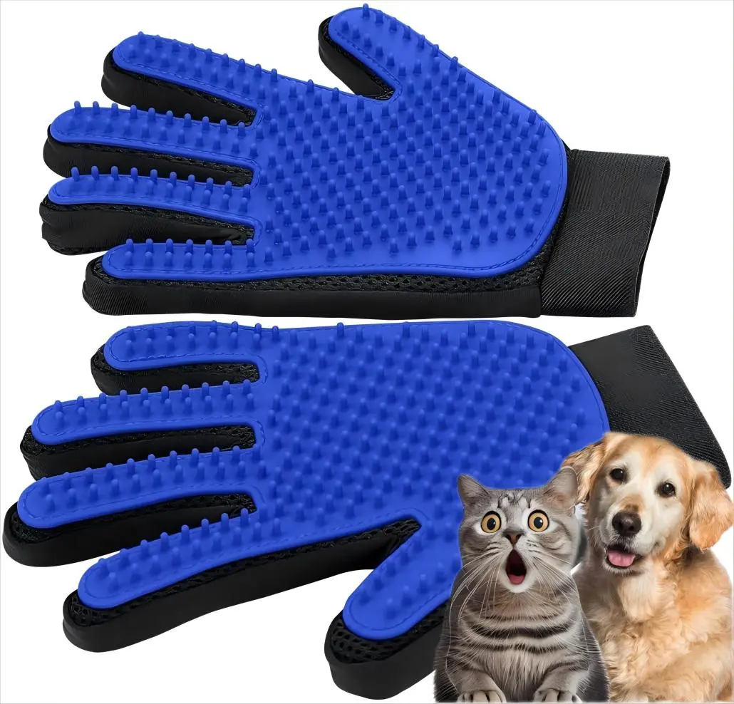 Furminator Upgrade Deshedding Brush Groomer Tool & Right Hand Hair Removal Glove - Gentle Pet Hair Remover with Adjustable Strap, Silicone Tips, Bath Compatible, Massage Function (1 Pair, Blue, 135g, 8.66"l x 6.3"w x 0.79"h) for Dogs/Cats