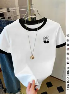 Women's Summer Casual Patchwork Round Neck T-Shirt Top, Geometric Print, Short Sleeve, Fitted, Fashionable Daily Wear, Womenswear