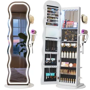 MIU INNOVATION LED Mirror Jewelry Cabinet Standing, 360° SwivelJewelry Aromire Organizer with Wavy Mirror, LockableJewelry Mirror with Storage, Jewelry Cabinet, InteriorMirror, Foldable Shelf (LED White)