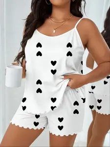 Summer Essential Plus Size Home Set, Cute Comfortable Sweetheart Pattern Pajamas, Includes Tank Top & Shorts, Casual Home Wear, Easy Machine Wash