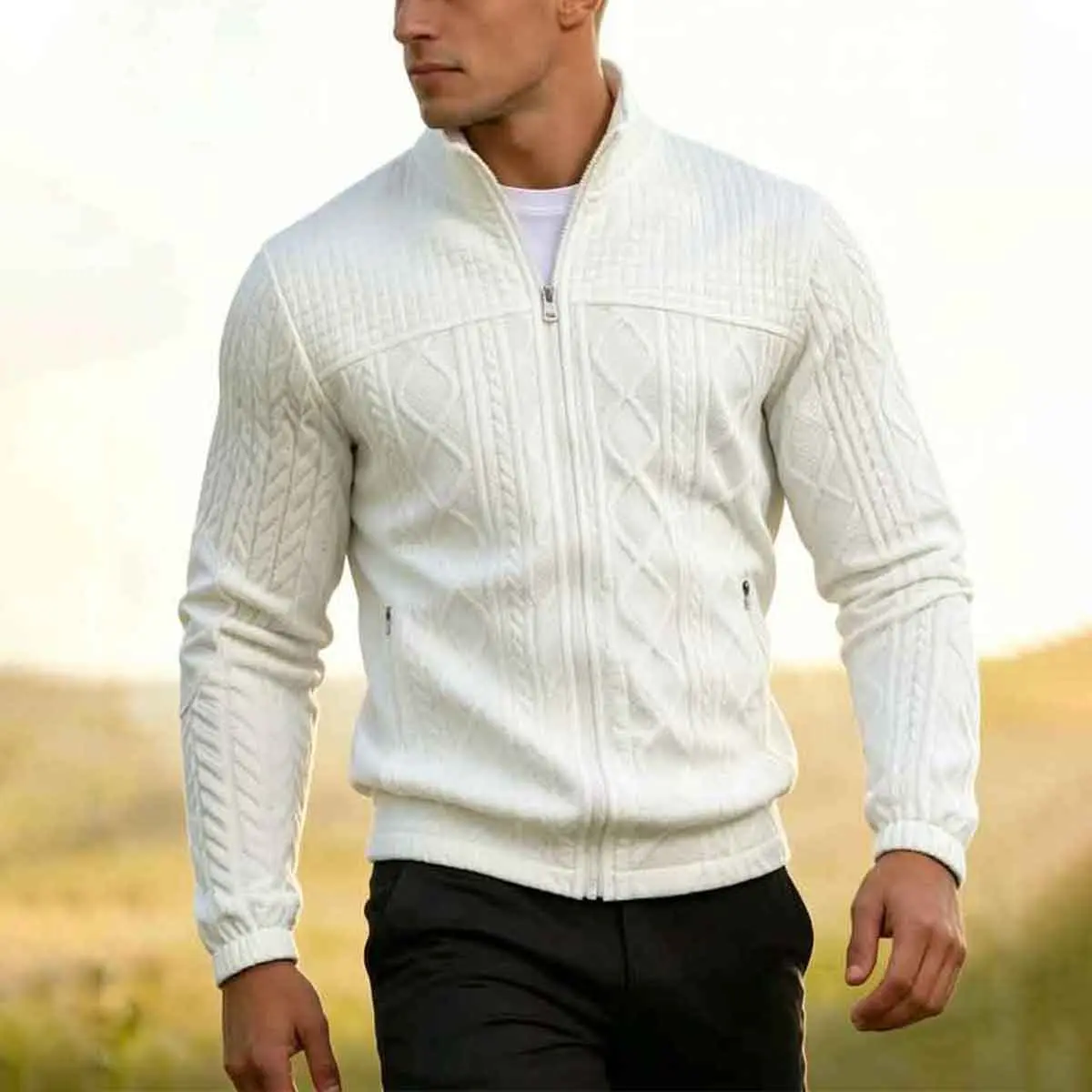 Men's Cable Jacquard Knit Zip-Up Jacket - Stand Collar, Long-Sleeve Tops with Zipper Side Pockets, Menswear Knitwear Casual Outerwear for Spring, Autumn Daily Use