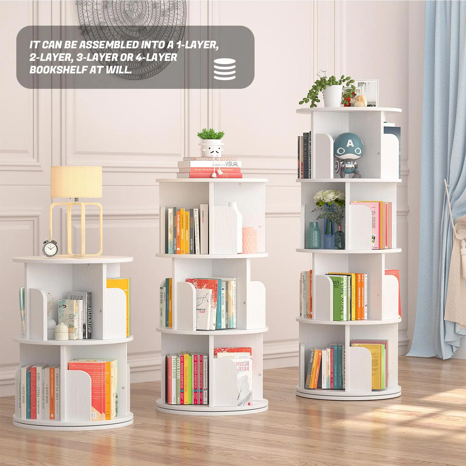 360-Degree Rotating Wood Bookshelf, 4-Tier 15.7" Slim Profile Floor Standing Bookcase, Small Narrow Corner Storage Rack with Open Top Display for Bedroom, Living Room Small Spaces