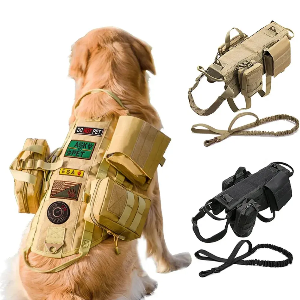 Large Dog Tactical Harness & Leash Combo, Military Vest with MOLLE Pouches and Handle