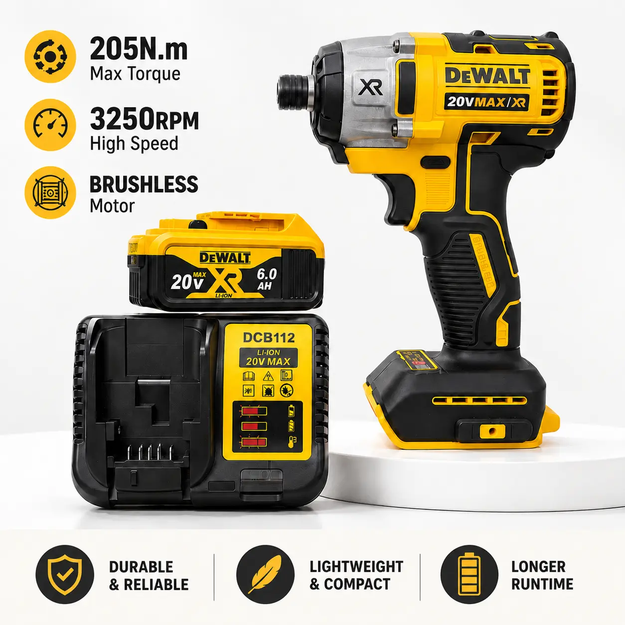DEWALT DCF887 20V Max XR High Torque Impact Driver, 205Nm Cordless Tool with 6.0Ah Lithium-Ion Battery, Electric Screwdriver