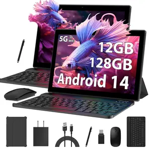 POWMUS 10inch Android 14 Tablet Bundle, 12GB RAM 128GB ROM 1TB Expandable, Quad-Core, 1280x800 IPS Display, WiFi 2.4G/ 5G, 8000mAh Battery, Tablet PC with Keyboard Mouse Case Set, for Computer Work, Student Educational, Entertainment, Movies, Office