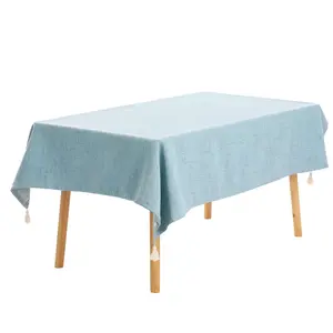 REGALWOVEN 1 Pack Cotton Linen Tablecloth with Tassels, Wrinkle Resistant Washable for Dinner Table, Light Blue 52x79inch
