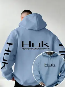 Men's Huk Letter Print Hoodie, Soft Stretch Knit Fabric, Casual Fitted Style, All Seasons Wear, Fun Fashion Essential for Young Men