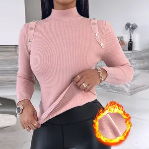 2026 Spring ChicMe Women's High Neck Knit Sweater Fleece Lined Front Button Basic Layering Soft Thermal Top