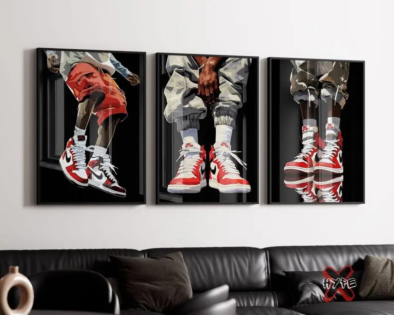 Sneakerhead Black Man Wall Art, Set Of 3 Prints, Printable Sneaker Poster, Cool Hypebeast Decor, Urban Fashion Wall Art - No Frame