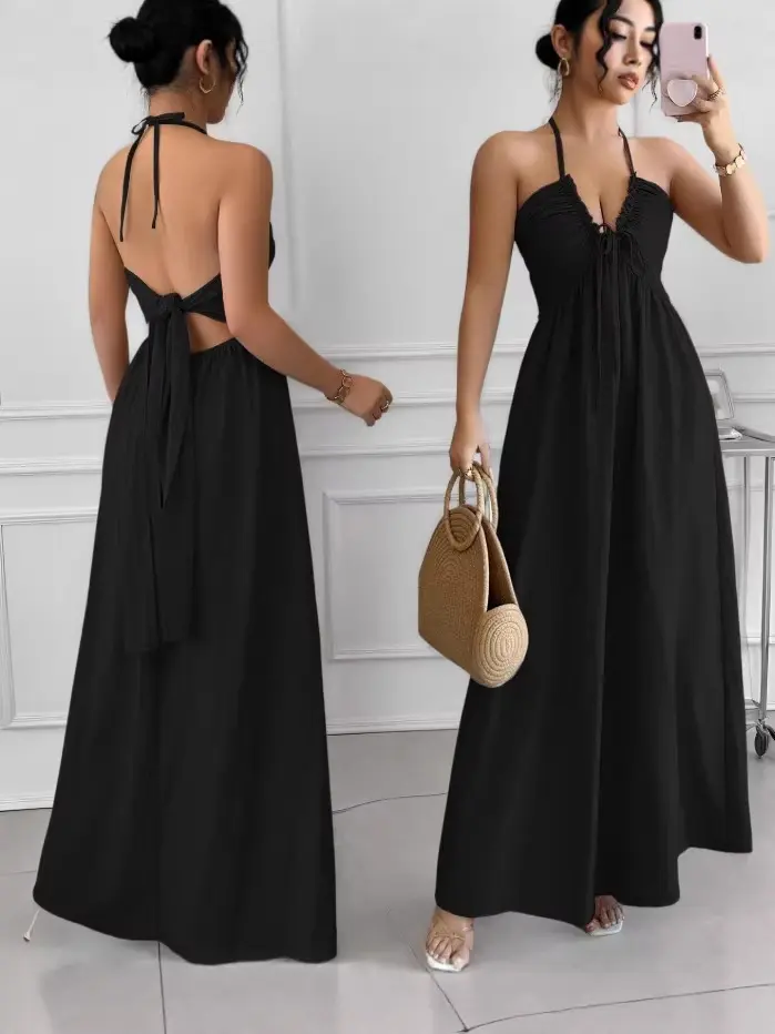 Women Halter Backless Maxi Dress Tie Knot Sleeveless V Neck Flowy Summer Beach Long Dress for Vacation Party Daily Wear