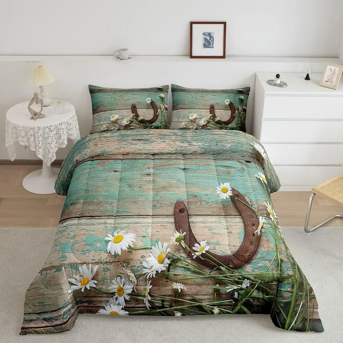 Feelyou Queen Size Microfibre Comforter Bed Set - Western Rustic Farmhouse Duvet Set, Teal Country Wooden Barn Door Design with Horseshoe, Floral Daisy Details, All Seasons, Machine Washable, Multi-Size, Ideal for Bedroom & Western Decor, Bedroom Decor, S