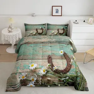 Feelyou Queen Comforter Set - Western Rustic Farmhouse Bedding, Teal Country Wooden Barn Door Comforter with Horseshoe, Daisy Details for Cowboys