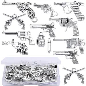 Gun Charms Collection, 100 Gram Antique Silver Mixed Pistol Gun Weapon Bullet Pendant Charms with a Box for DIY Necklace Bracelet Keychains Jewelry Making Supplies
