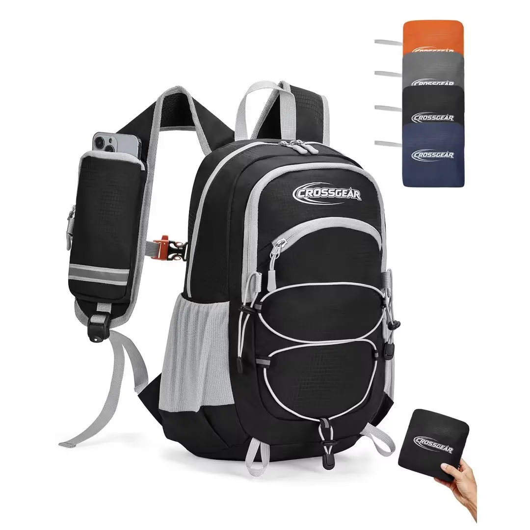 CROSSGEAR 24L Foldable Hiking Backpack, Lightweight Foldable Packable Daypack with RFID Pocket, Multi-Pocket, Nylon Small Travel Backpack, Water Resistant for Travel, Camping, Outdoor, Black