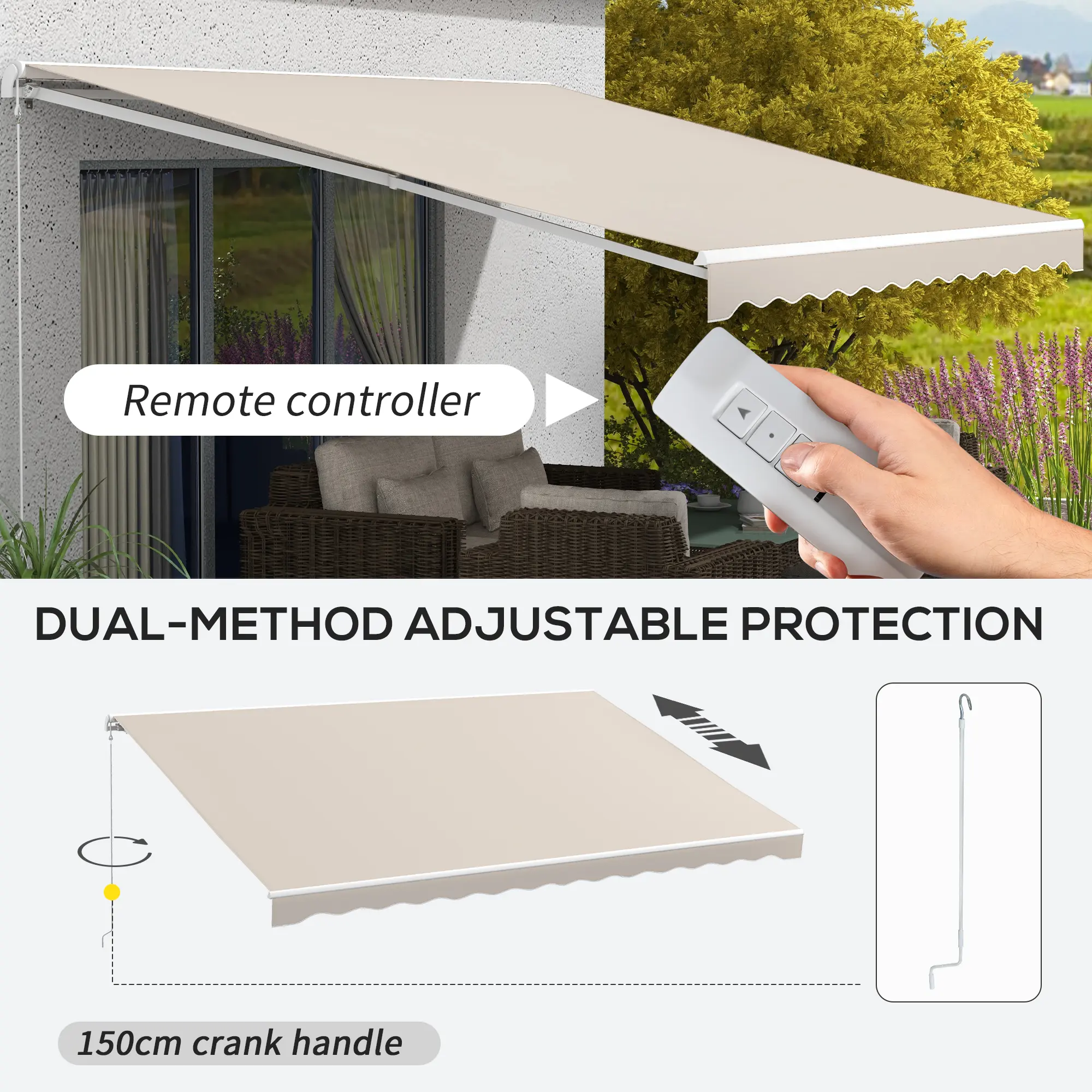 16x10 Electric Retractable Awning Sunshade Shelter with Remote Controller & Crank Handle for Deck Balcony Yard, Cream