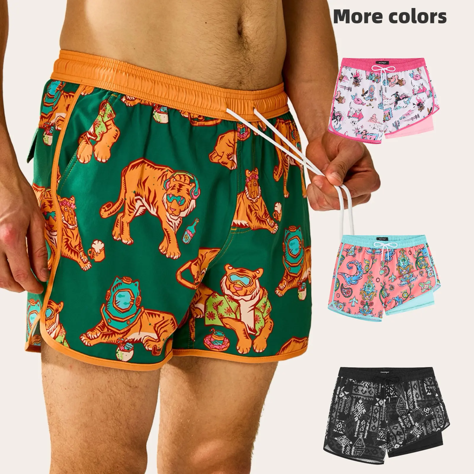 【Flash Sale】Maamgic 4.5" Printed Swim Shorts - 2-in-1 Stretch, Wrinkle-Resistant Polyester, Adjustable Drawstring, 2 Side + 1 Back Pocket, Quick-Dry & Drain Mesh Liner, Comfort. Great for Beach, Pool, Summer Casual. Fathers Day Gift. Swimmingshorts Swimmi
