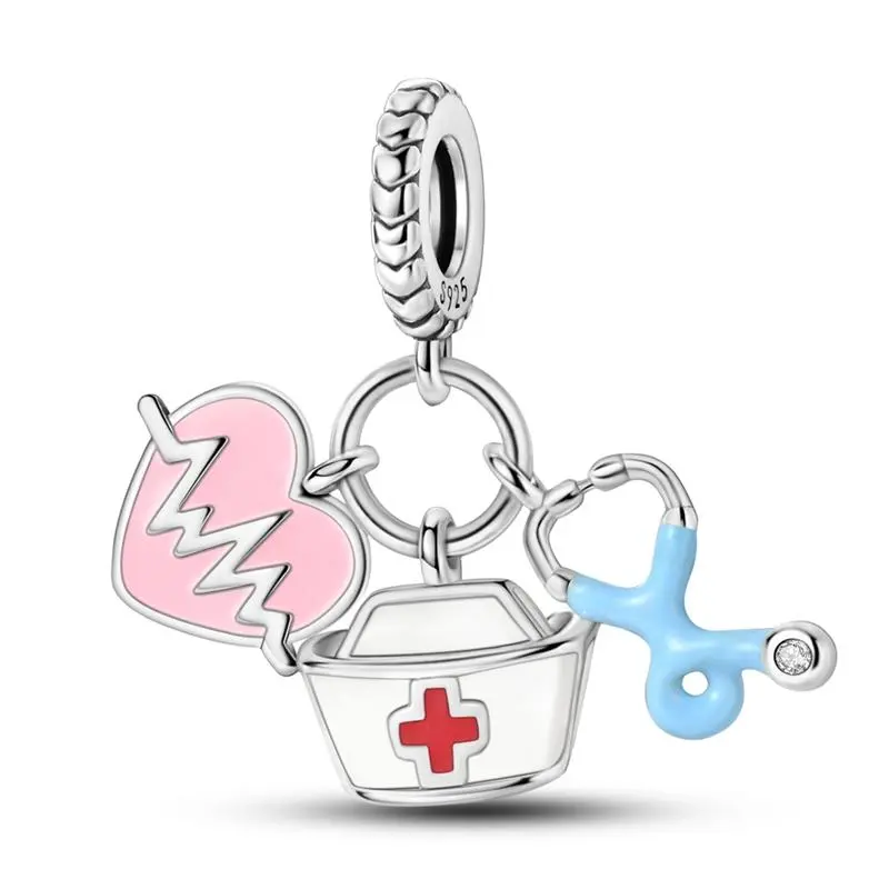MULA Nurse Appreciation Pendant - 925 Silver Plated Enamel Pendant with Heartbeat, Nurse Hat and Stethoscope for Pandora Bracelet and Necklace, Perfect Gift for Nurses, Medical Students