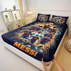 Legendary Football Career Elements Printed Fitted Sheet Set,Includes 1 Fitted Sheet & 2 Pillowcases without Filler,Suitable as a gift for friends,Features striking "MESSI" lettering,A bedding set suitable for all seasons, Digital Print Bedding