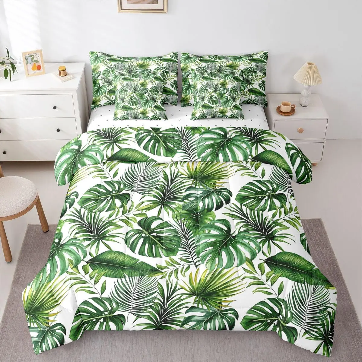 Palm Leaves Comforter Set Hawaiian Bed in A Bag 7 Pieces Monstera Banana Leaves Bed Set Room Decor Summer Tropical Bedding with Sheets