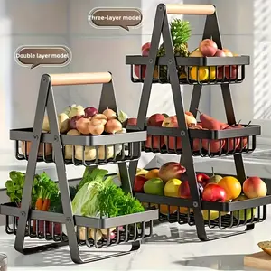 Luxury double-layered heavy-duty iron fruit and vegetable storage basket rack; space-saving food storage and organization rack suitable for home and commercial use, Double Tiers, Organiser