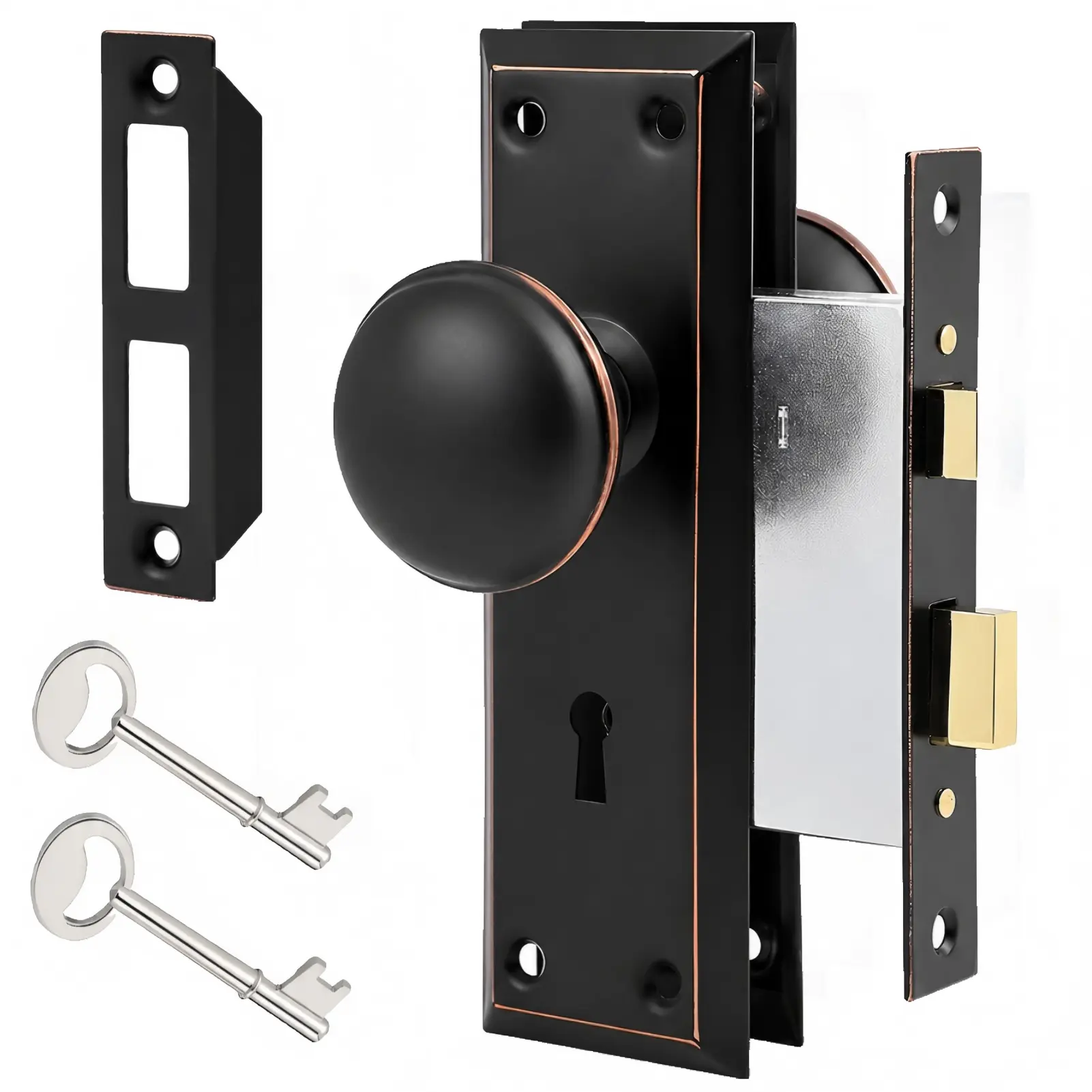 Teilmix Vintage Mortise Lock Set with Antique Door Knobs, Dual-Key Action Pre-Assembled Rustproof Metal (Zinc Alloy) for 1-3/8" to 1-3/4" Interior Doors, Heavy Duty Oil Rubbed Bronze Entryway Replacement