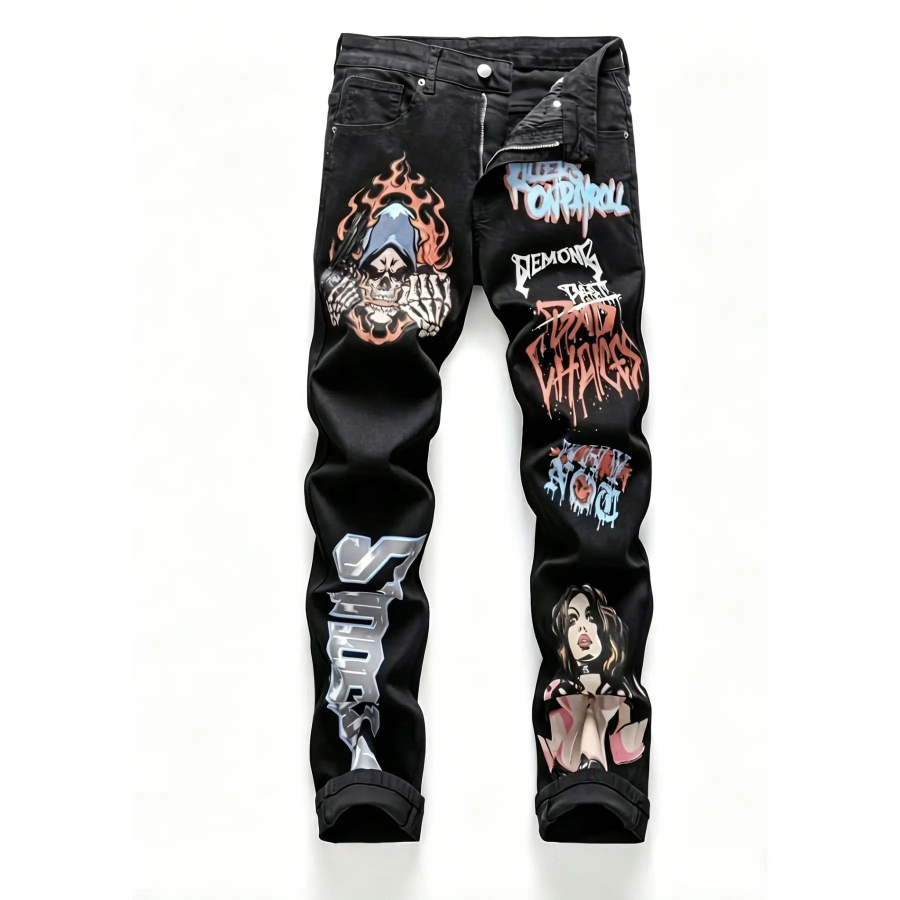 New European And American Black Warrior Y2K Ghost Head Letter Printed Jeans Fabric Menswear Set Stretch Trouser Pants