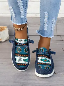 Women's Ethnic Pattern Western Slip on Sneakers, Casual Comfortable Low Top Designer Shoes for Daily Wear, Female All-match Round Toe Shoes for Fall & Winter 2024 Fall Shoes, for Fall