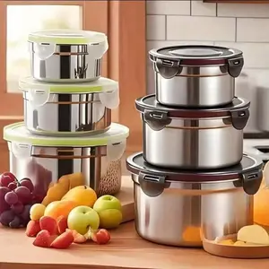 Stainless steel covered food storage containers, sealed lunch boxes, leak proof meal preparation containers, suitable for ovens, freezers, 3-piece sets of stainless steel food storage containers,circular meal  containers, kitchen preservation bowls