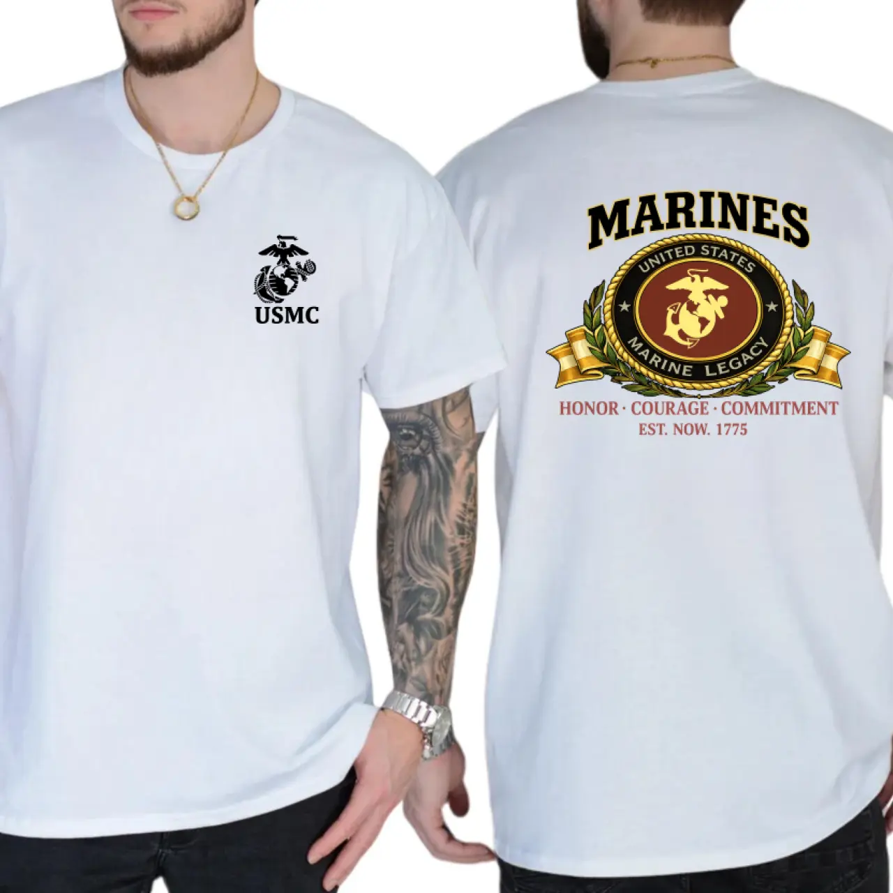 USMC Marines “Honor Courage Commitment” United States Marine Legacy Emblem American Flag Sleeve Unisex T-Shirt